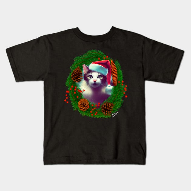 Cat in Christmas wreath Kids T-Shirt by extraordinar-ia